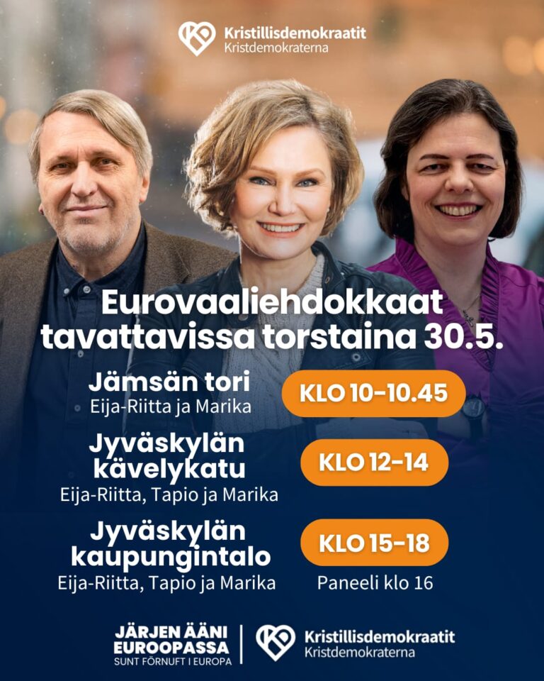 Eurovaaliehdokkaat tavattavissa torstaina 30.5. Jyväskylässä ja Jämsässä
